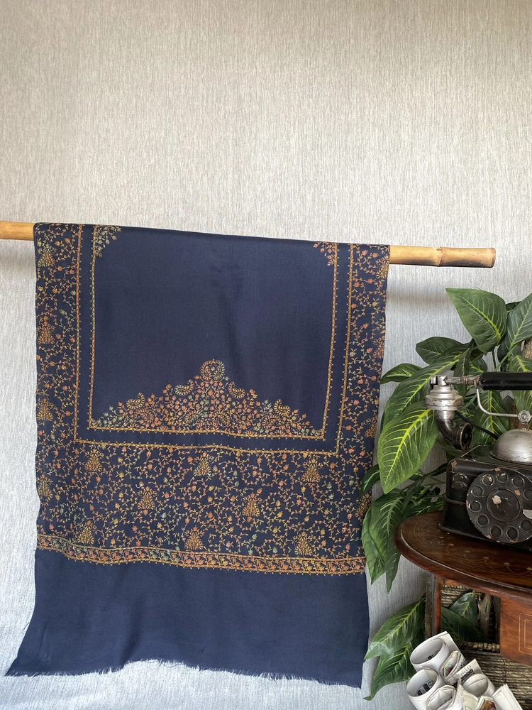 Handwoven deep navy blue cashmere scarf
